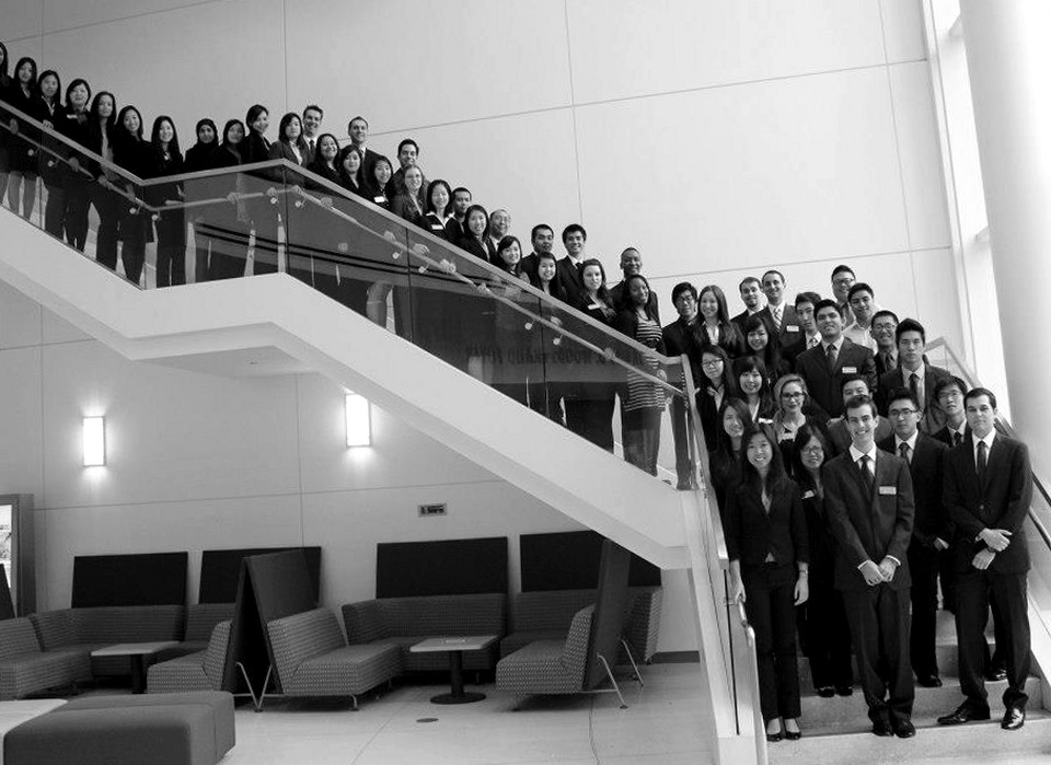 CSUF Accounting Society members gathered on the staircase of Mihaylo Hall